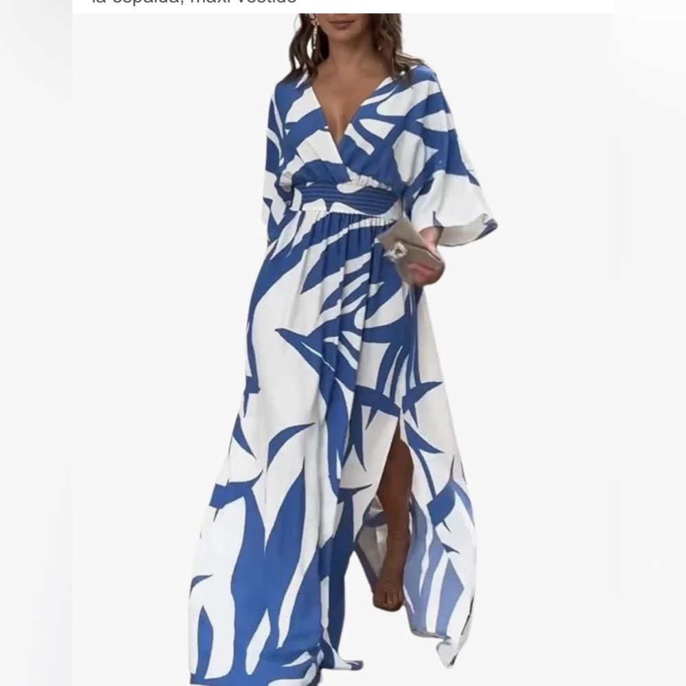 Women's Bohemian Floral Print V neck Maxi Dress,, 3/4 Sleeve, size XXL - Picture 3 of 14